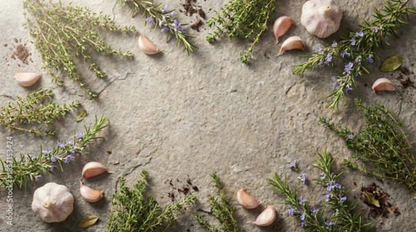 Fototapeta Rosemary, thyme, and garlic bulbs on a weathered stone counter, preparation ingredients.