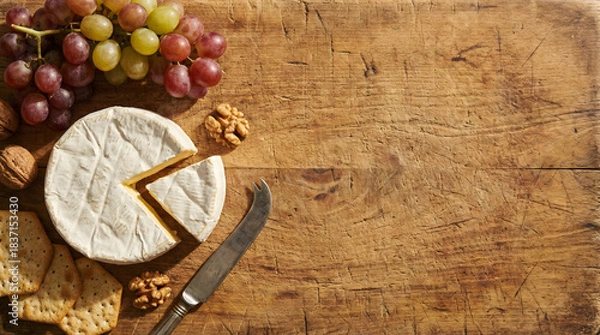 Fototapeta Elegant cheese board featuring Brie, grapes, walnuts, and crackers on rustic wood.