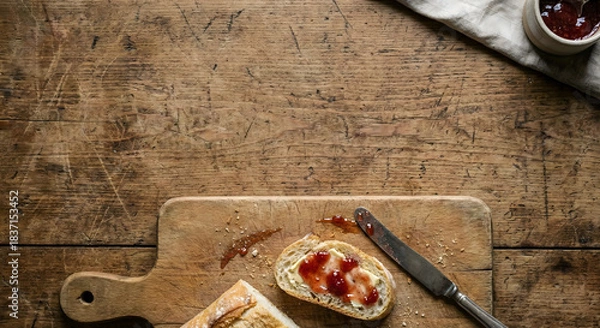 Fototapeta Rustic bread with butter and strawberry jam on a small wood board, overhead view.