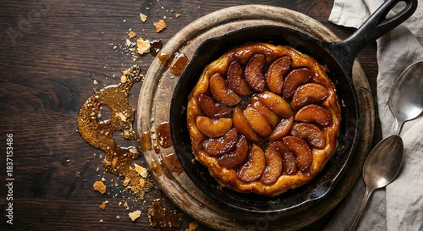 Fototapeta Delicious caramelized apple Tarte Tatin dessert in a rustic cast iron skillet, overhead view.