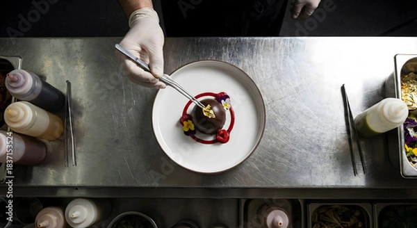 Fototapeta Chef using tweezers to garnish gourmet dessert on stainless steel counter, overhead view.