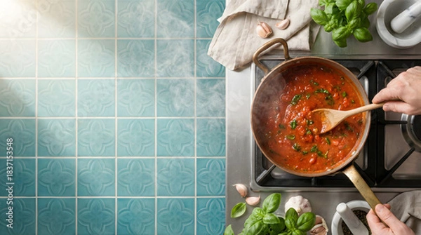 Fototapeta Homemade tomato sauce cooking in a pan with fresh basil and garlic on a stovetop.