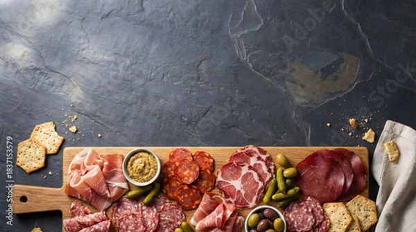 Fototapeta Charcuterie board featuring sliced cured meats, mustard, and olives on dark slate background.