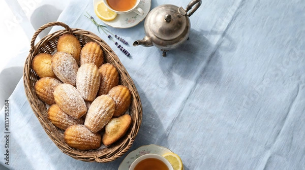 Fototapeta Basket of classic Madeleines dusted with sugar, served with lemon tea, overhead view.