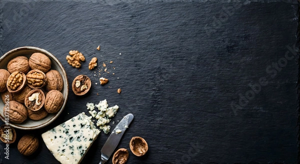 Fototapeta Blue cheese and walnuts on dark slate with a knife and copy space, overhead view.