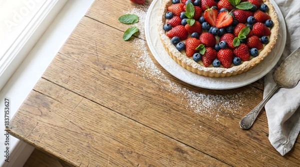 Fototapeta Fresh strawberry and blueberry tart with custard served on rustic wooden table by a window.