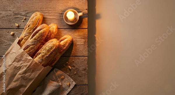 Fototapeta Rustic french baguettes in a paper bag on wood table with a candle, overhead view.