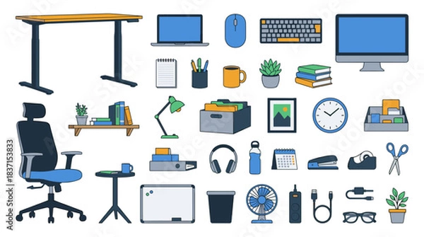 Obraz Office and Workspace Vector Icon Sheet File – Modern Desk, Chair, and Stationery Symbols