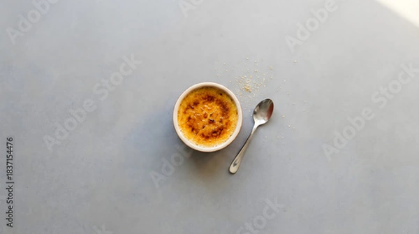 Fototapeta Minimal crème brûlée dessert with caramel top and spoon on a clean gray background.