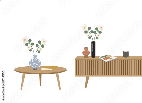 Fototapeta A wooden coffee table holding a vase and a book, complemented by wooden furnishings adorned with flower branches, a magazine, and home décor, all presented in a modern Scandinavian retro interior