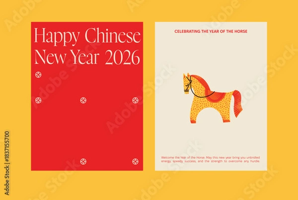 Fototapeta Two Chinese New Year 2026 greeting card templates with text layout and stylized horse illustration. Vector template design. Chinese New Year celebration concept. Design for poster, greeting card