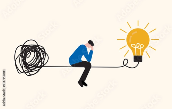 Obraz Man frustrated to solve complex problem, sitting between middle of path, brainstorming difficulty illustration