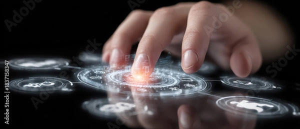 Fototapeta a close-up of fingers tapping a glowing virtual interface with icons for analytics, automation, and security, reflected on a sleek black surface
