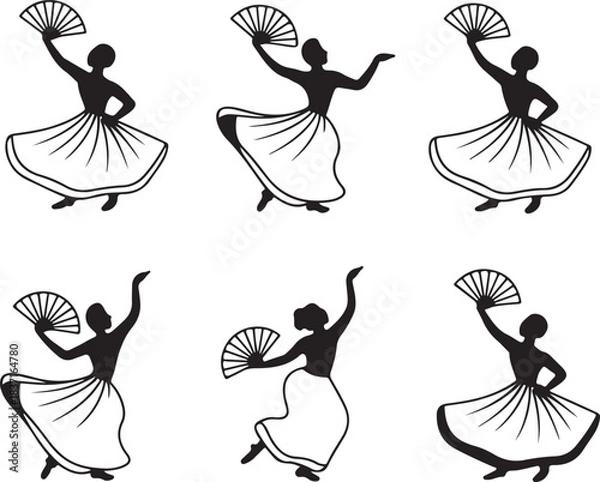 Obraz Elegant Flamenco Dancer Icons, Fan Dance Silhouette Set