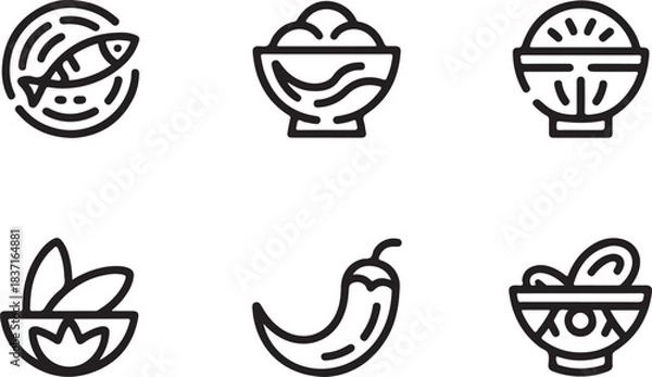 Obraz Food Icon Set, Minimalist Line Art Symbols for Fish, Veggies, Chili Pepper and Bowls for Cooking and Restaurant Design