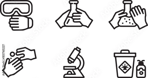 Obraz Science Lab Safety Icon Set, Line Art Goggles, Lab Equipment, Handwashing, Microscope and Biohazard Symbols