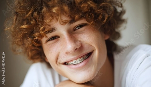 Fototapeta Smiling curly haired teenager with braces in a natural light portrait, showing joyful expression, freckles, and youthful confidence in a cozy indoor setting.