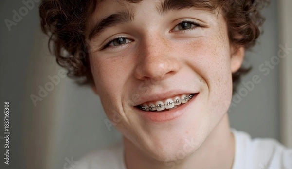 Fototapeta Smiling curly haired teenager with braces in a natural light portrait, showing joyful expression, freckles, and youthful confidence in a cozy indoor setting.