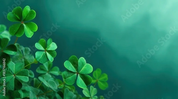 Fototapeta Lucky clover leaves background with green gradient