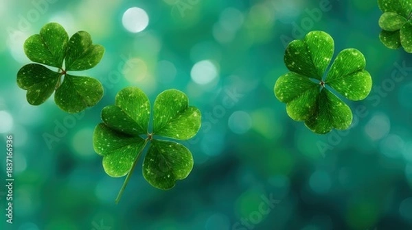 Fototapeta Clover leaves on vibrant green background