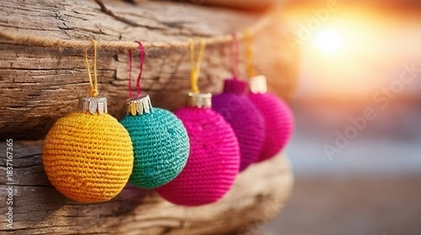 Fototapeta Colorful crocheted ornaments hanging on rustic wood in warm sunset glow