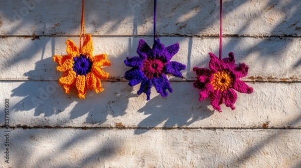 Fototapeta Crochet flowers casting shadows on rustic wooden wall