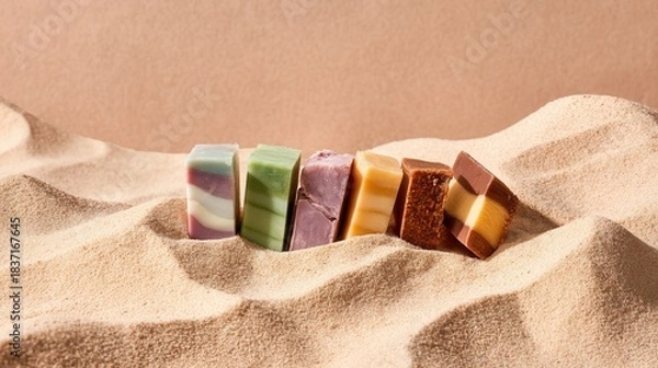 Fototapeta Artisan soap bars displayed on sandy dunes