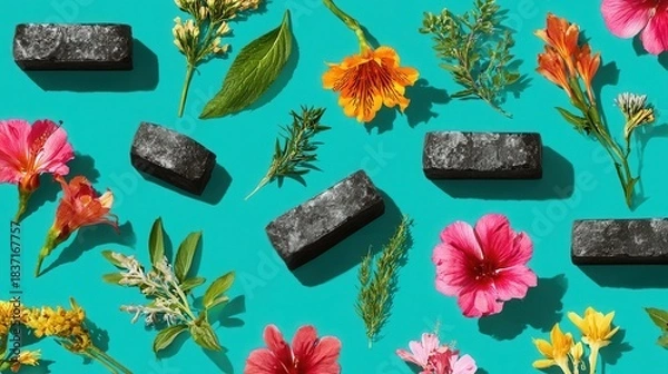 Fototapeta Colorful flowers charcoal pieces on turquoise background