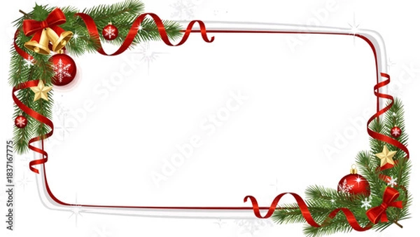 Fototapeta Stunning Christmas border design featuring elegant pine branches festive red ribbons golden bells and shiny ornaments