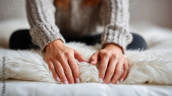 Fototapeta Cozy textures: hands on soft faux fur blanket