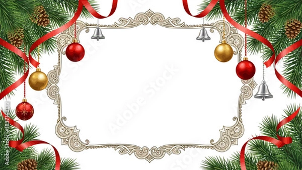 Fototapeta Elegant holiday frame design with festive pine branches ornaments and curling red ribbons perfect for winter greetings