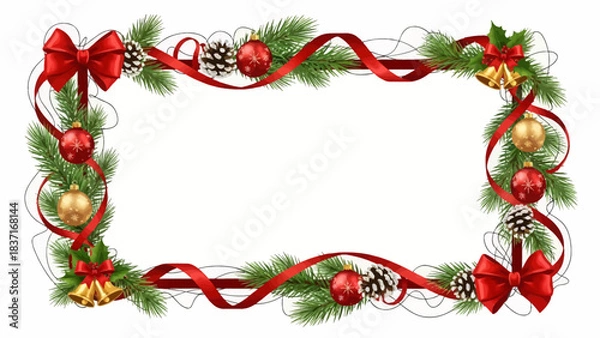 Fototapeta Stunning festive border framing space with vibrant red ribbons pine branches ornaments and gold bells