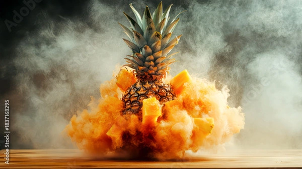 Fototapeta Exploding pineapple with pieces and juice flying around