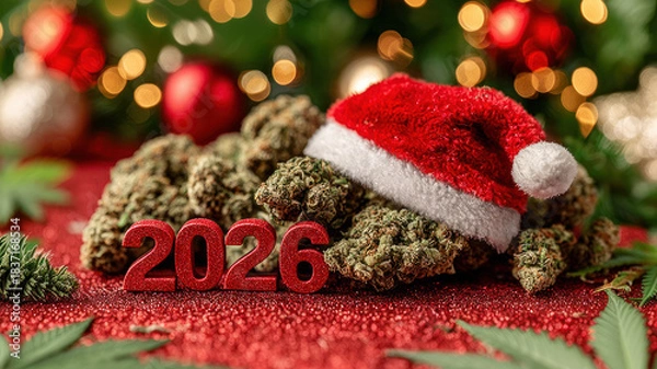 Fototapeta Pile of marijuana with Santa Claus hat atop. Happy New Year 2026 to stoners worldwide!