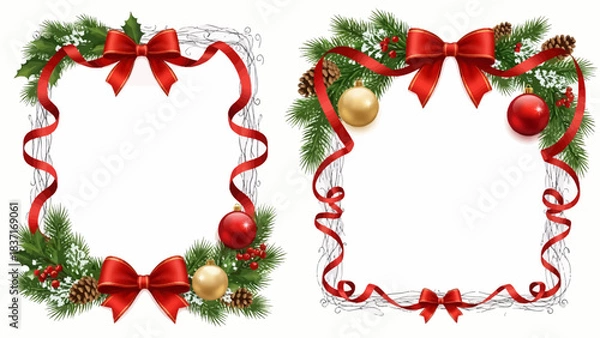 Fototapeta Stunning set of two elegant Christmas frames featuring vibrant red ribbons pine branches and festive ornaments perfect for holiday greetings