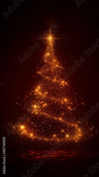 Fototapeta Glowing gold Christmas tree animation with particles, lights, stars, and snowflakes on a dark red.