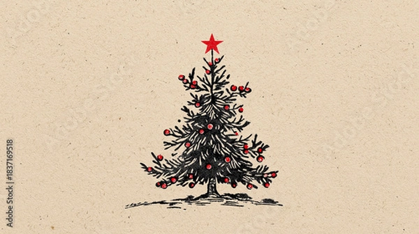 Fototapeta Vintage Linocut Christmas Tree Card with Red Star and Berries on Beige Holiday Background Design
