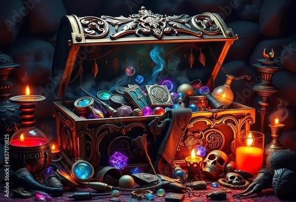 Obraz A shimmering, ornate chest overflowing with arcane artifacts,  scroll,  objects