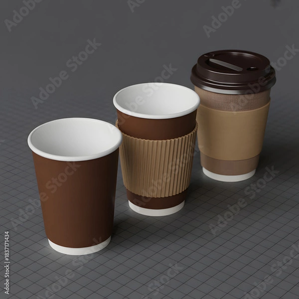 Fototapeta Coffee Cups Trio: A trio of brown coffee cups showcases different designs, promising warm moments and caffeine boosts, inviting a coffee experience.