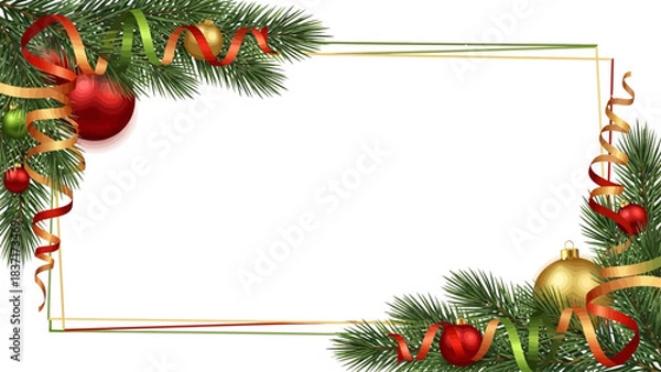 Fototapeta Stunning festive border design featuring vibrant pine branches glittering ornaments and curling ribbons perfect for holiday greetings