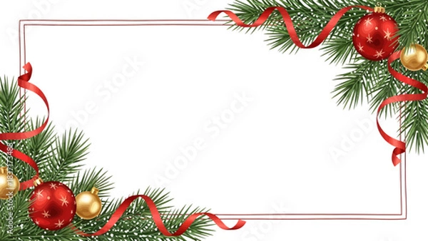 Fototapeta Elegant holiday frame design featuring vibrant red ribbons and sparkling gold and red Christmas ornaments framing empty space