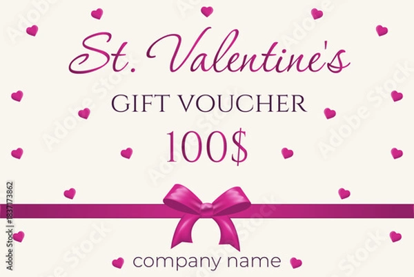 Obraz Valentine's Day Gift voucher, $100, Pink Hearts and Bow