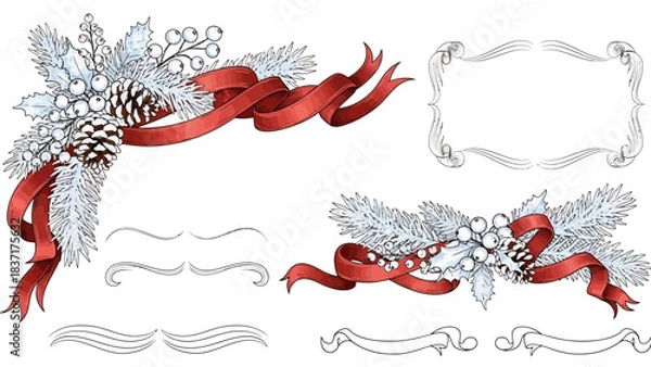 Fototapeta Stunning collection of elegant Christmas corner accents featuring frosted pine, white berries, and vibrant red ribbons for festive design