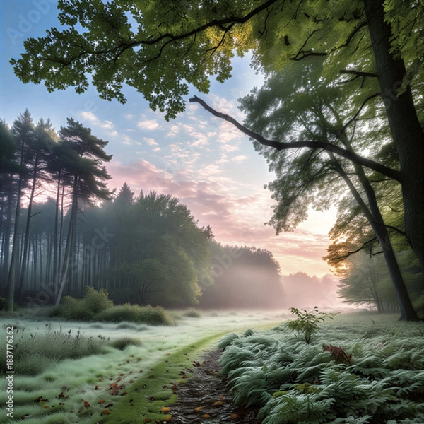 Fototapeta Morning Trail: A tranquil pathway meanders through a lush, verdant forest, embraced by the soft, ethereal glow of a sunrise. Witnessing the tranquility of nature. 