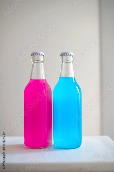 Fototapeta Two glass bottles with bright pink and blue drinks on a light background. Concept of color contrast, minimalism, product advertising, and modern beverage design.