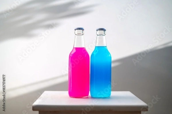 Fototapeta Two glass bottles with bright pink and blue drinks on a light background. Concept of color contrast, minimalism, product advertising, and modern beverage design.