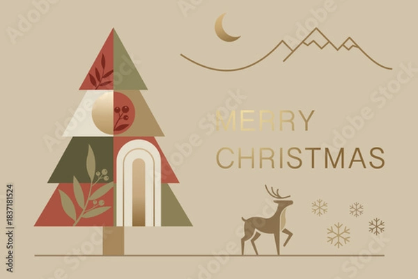 Fototapeta Minimal Christmas illustration with geometric tree, reindeer, mountains and moon in warm earthy tones.Vector.