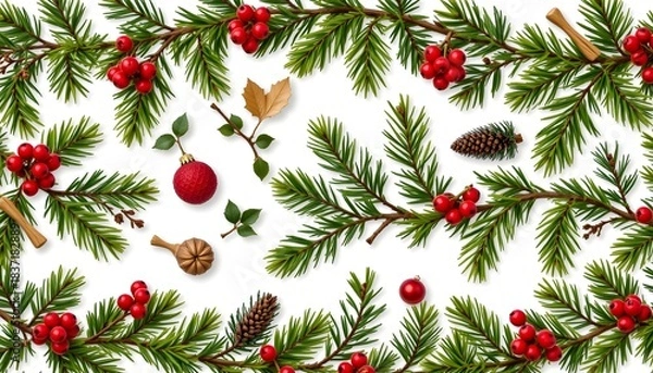 Fototapeta Festive Christmas Greenery and Red Berries Arrangement with Cinnamon Sticks and Pinecones