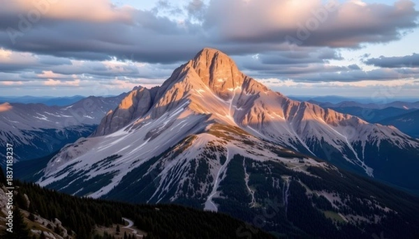 Fototapeta Majestic Mountain Peak Illuminated by Golden Sunset Light Against Dramatic Cloudy Sky