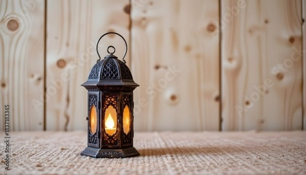 Fototapeta Vintage Decorative Lantern Casting Warm Glow on a Textured Surface in a Rustic Interior Space